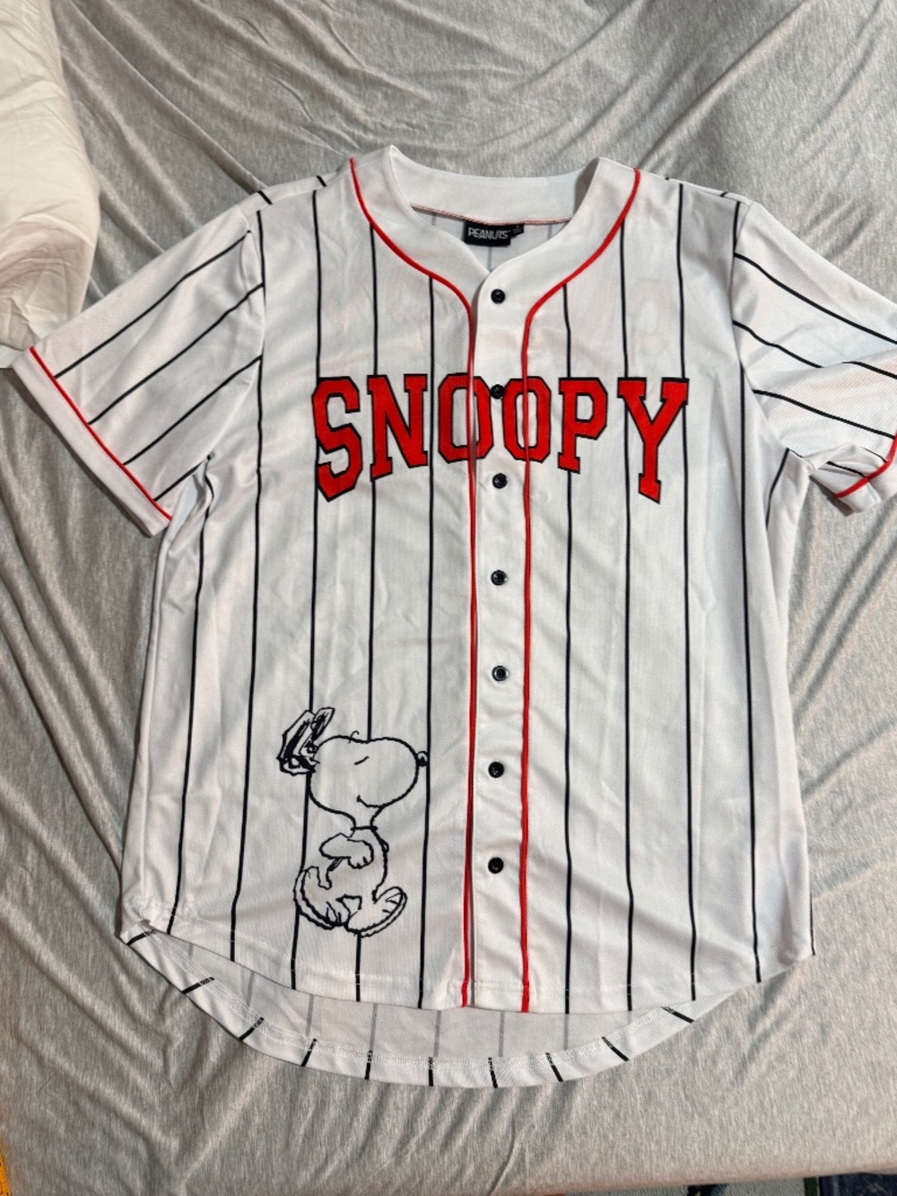 Peanuts Snoopy 50 Baseball Jersey Shirt Size L White Black Red Button Front
